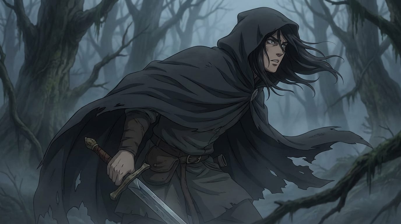 提供された画像のキャラクターが剣を構え、周囲を警戒してゆっくりと視線を動かす、風になびく髪とマント、背景の森には霧がかかっている、緊張感のある雰囲気、高品質なアニメーション