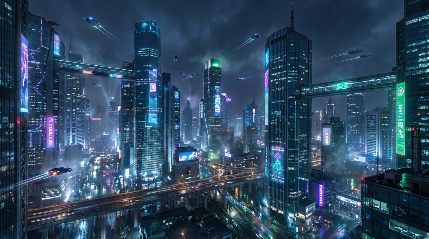 A cinematic wide shot of a futuristic city at night with flying cars and neon lights, highly detailed, 8k resolution, photorealistic