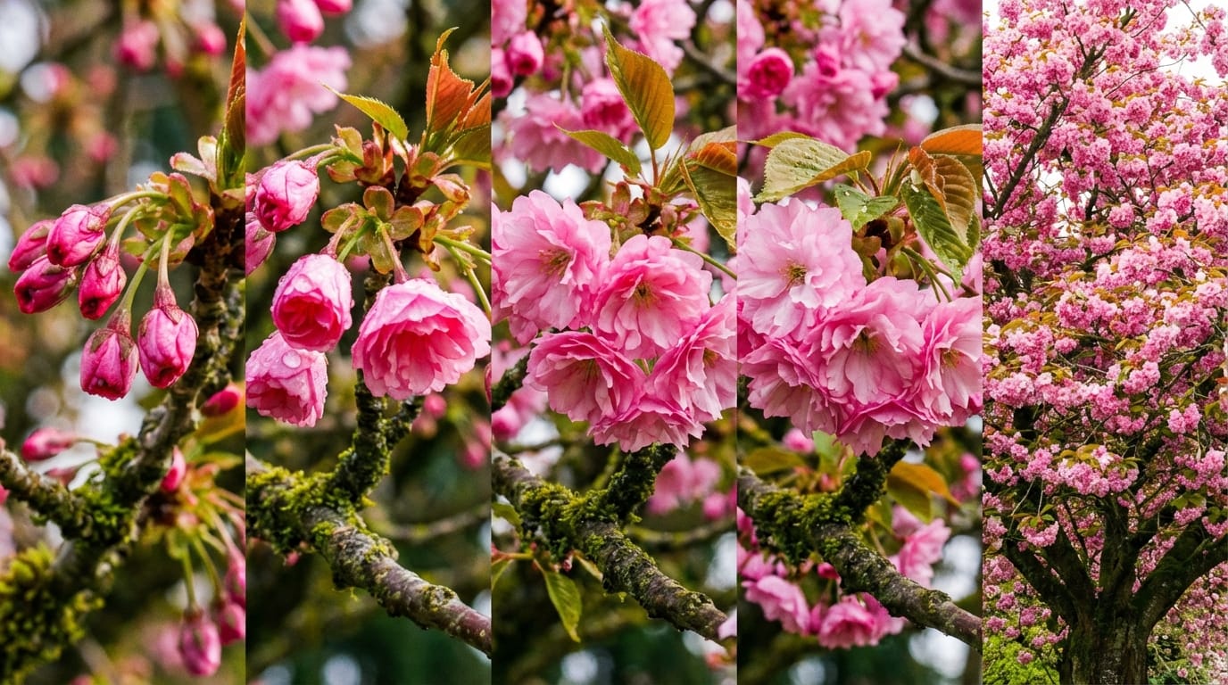 桜の蕾が徐々に開花して満開になるタイムラプス映像、自然光、鮮やかなピンク色、生命力に溢れる様子、4K画質