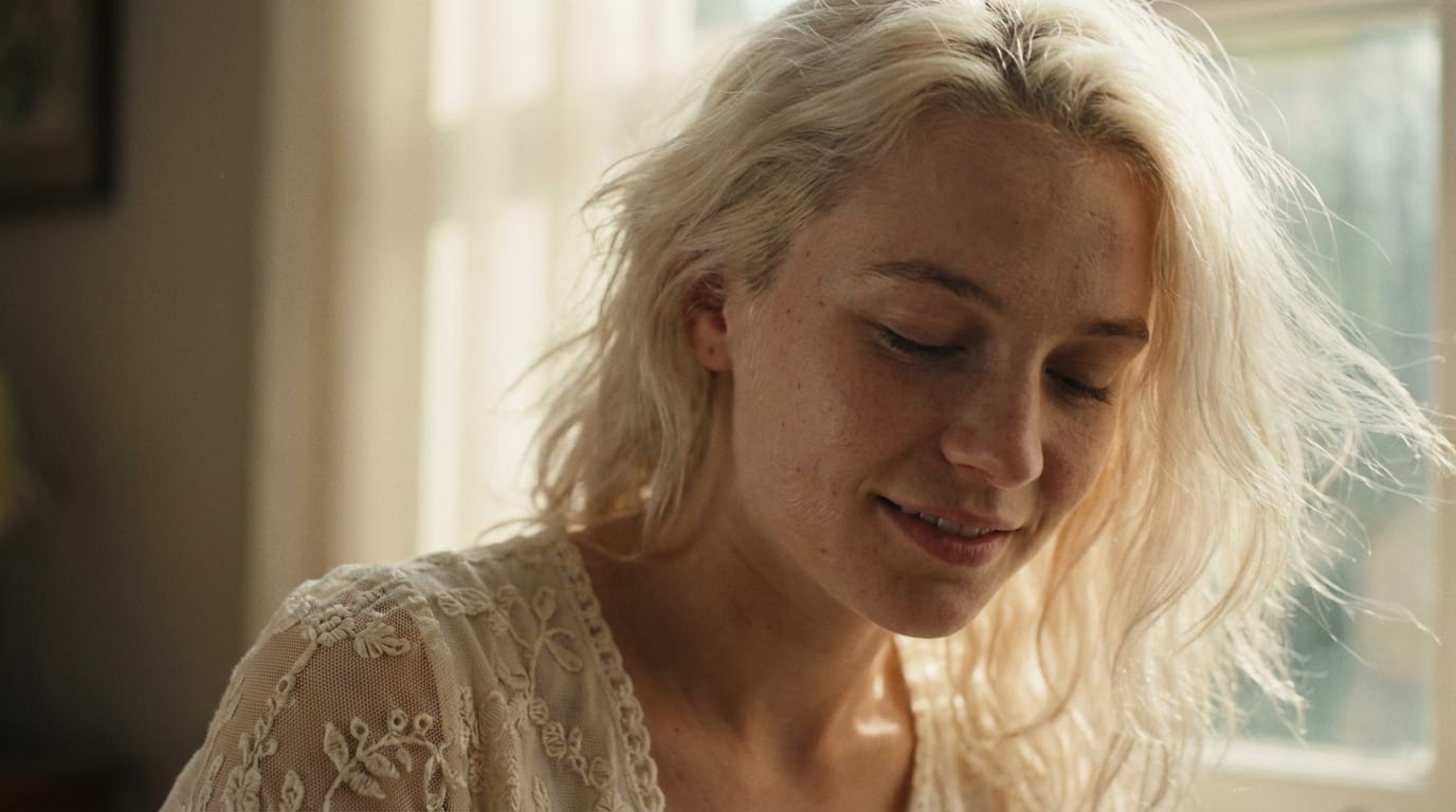 Cinematic close-up video portrait of a young woman with platinum blonde hair, intricate lace dress, soft volumetric lighting, 8k resolution, highly detailed skin texture, slow motion wind effect