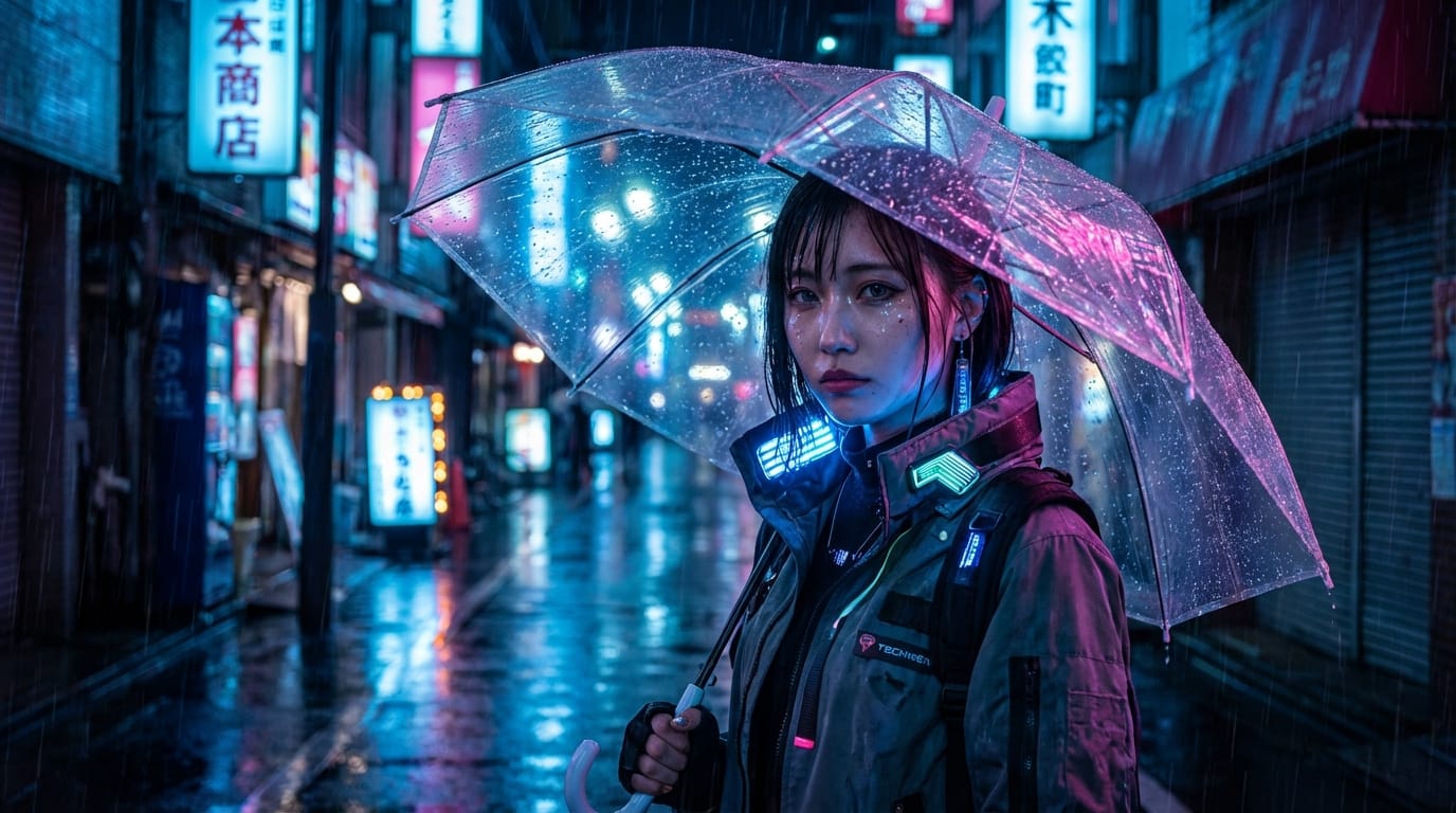 雨の夜、ネオンサインが反射する東京の路地に立つサイバーパンクスタイルの女性。透明なビニール傘、濡れたアスファルト、彼女の顔にかかる青とピンクのライティング。憂いを帯びた表情でカメラを見つめる。スローモーション、被写界深度浅め、8k、フォトリアリスティック。