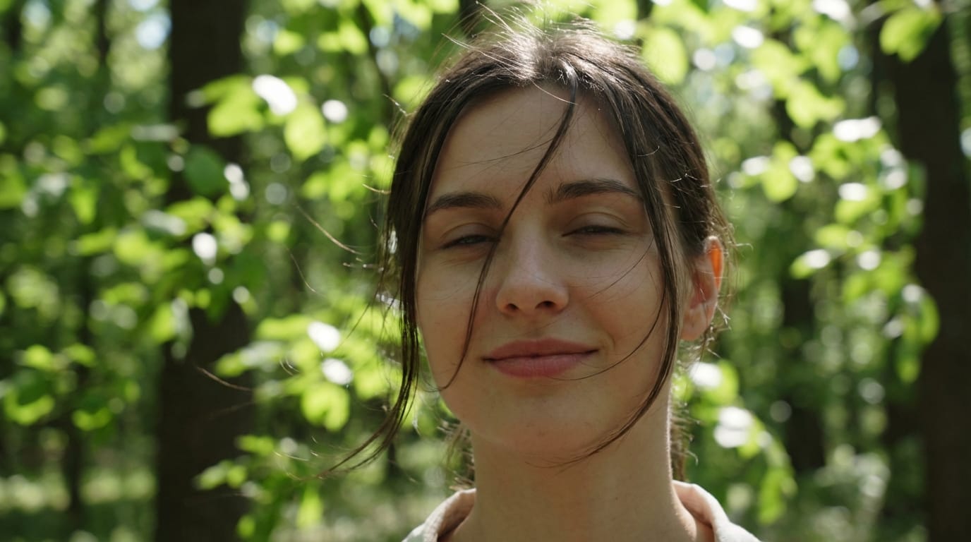 髪が微風になびく、瞬きをする、わずかに微笑む、背景の木漏れ日が揺れる。カメラはゆっくりとズームイン。