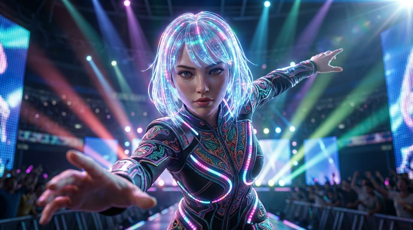 masterpiece, best quality, ultra-detailed, cinematic lighting, 1girl, solo, virtual idol, intricate costume, glowing accessories, stage lights, lens flare, depth of field, realistic skin texture, looking at viewer, dynamic pose