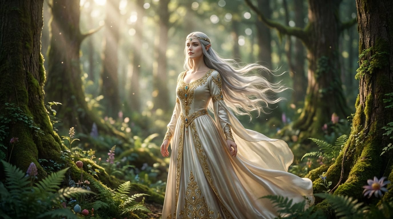 傑作、超高解像度、リアルな質感、エルフの王女、森の中、木漏れ日、金色の刺繍が施されたシルクのドレス、長い銀髪、風になびく髪、穏やかな表情、幻想的な雰囲気、詳細な背景、ソフトフォーカス