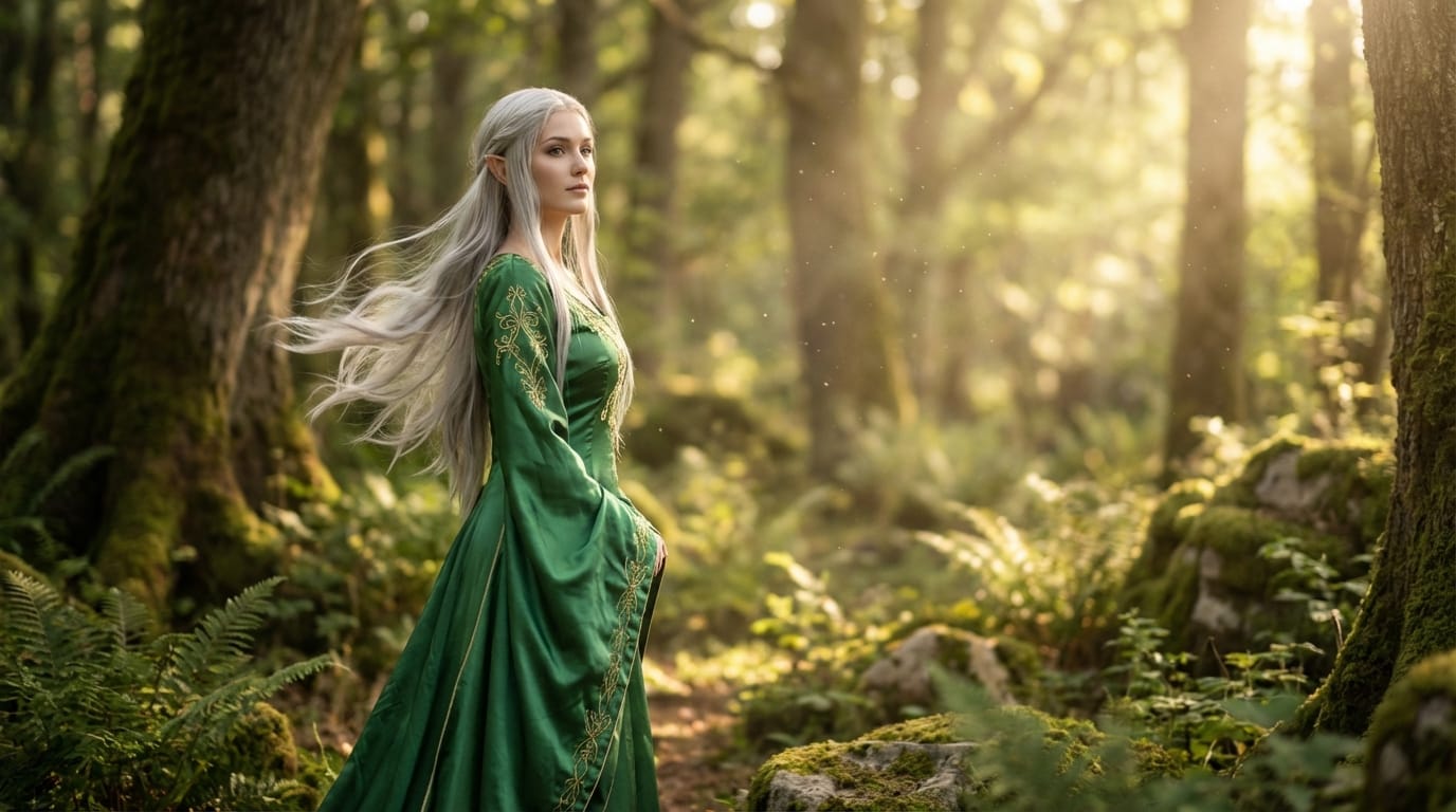 masterpiece, best quality, hyper-realistic, elf princess, forest, dappled sunlight, silk dress with gold embroidery, long silver hair, wind blowing hair, serene expression, fantasy atmosphere, detailed background, soft focus