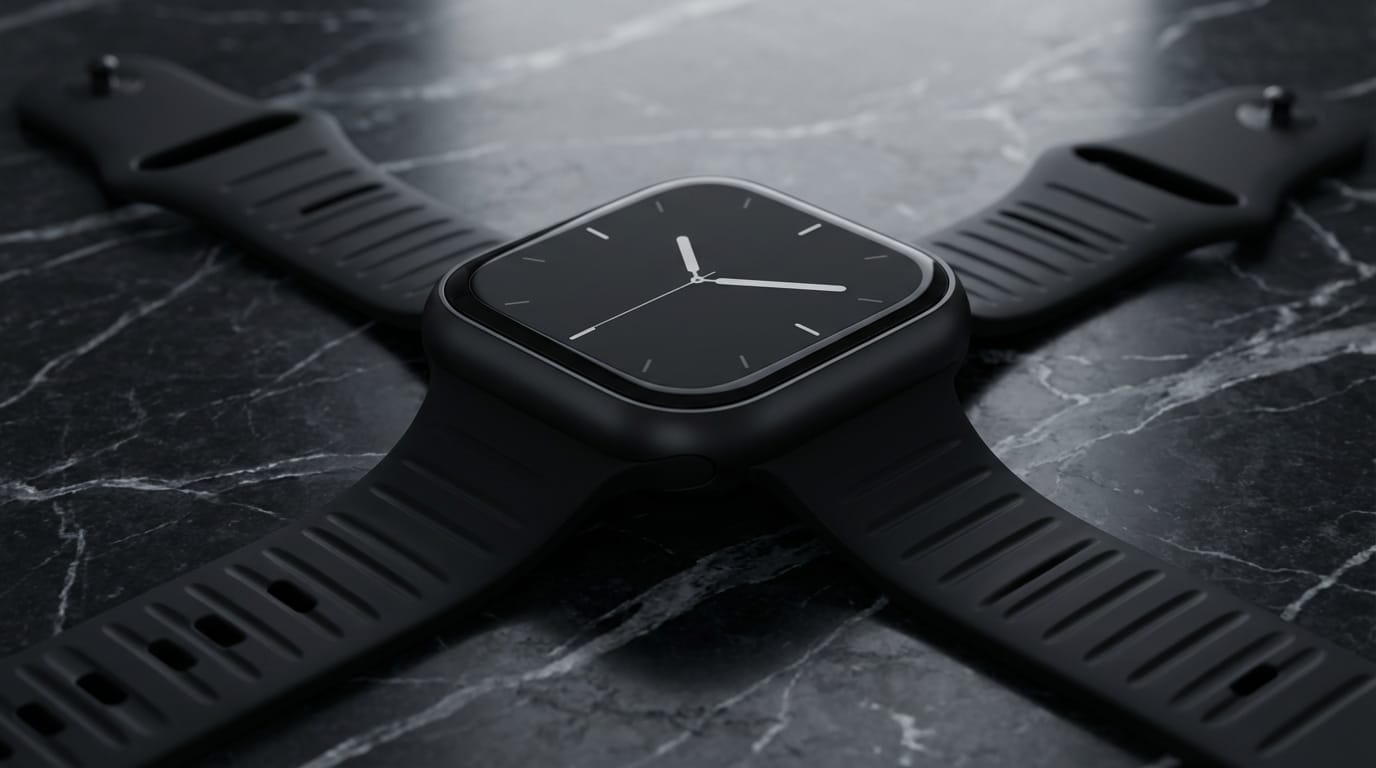 高級なマットブラック仕上げのスマートウォッチの製品写真。洗練されたデザイン。背景は暗い大理石のテクスチャ。製品広告のような高品質なライティング。