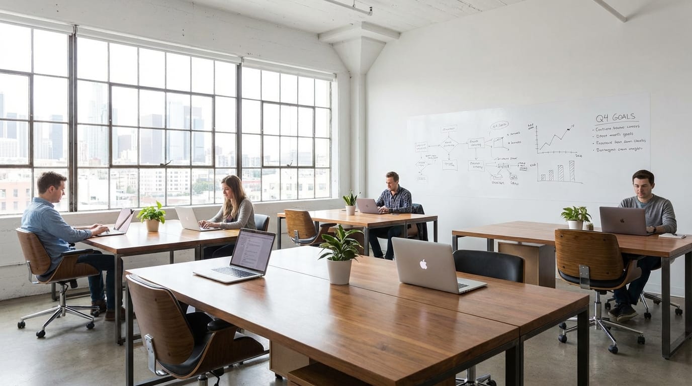 A modern, minimalist office workspace for a tech startup, bright natural lighting, whiteboard with charts, sleek laptops, high resolution, photorealistic 8k
