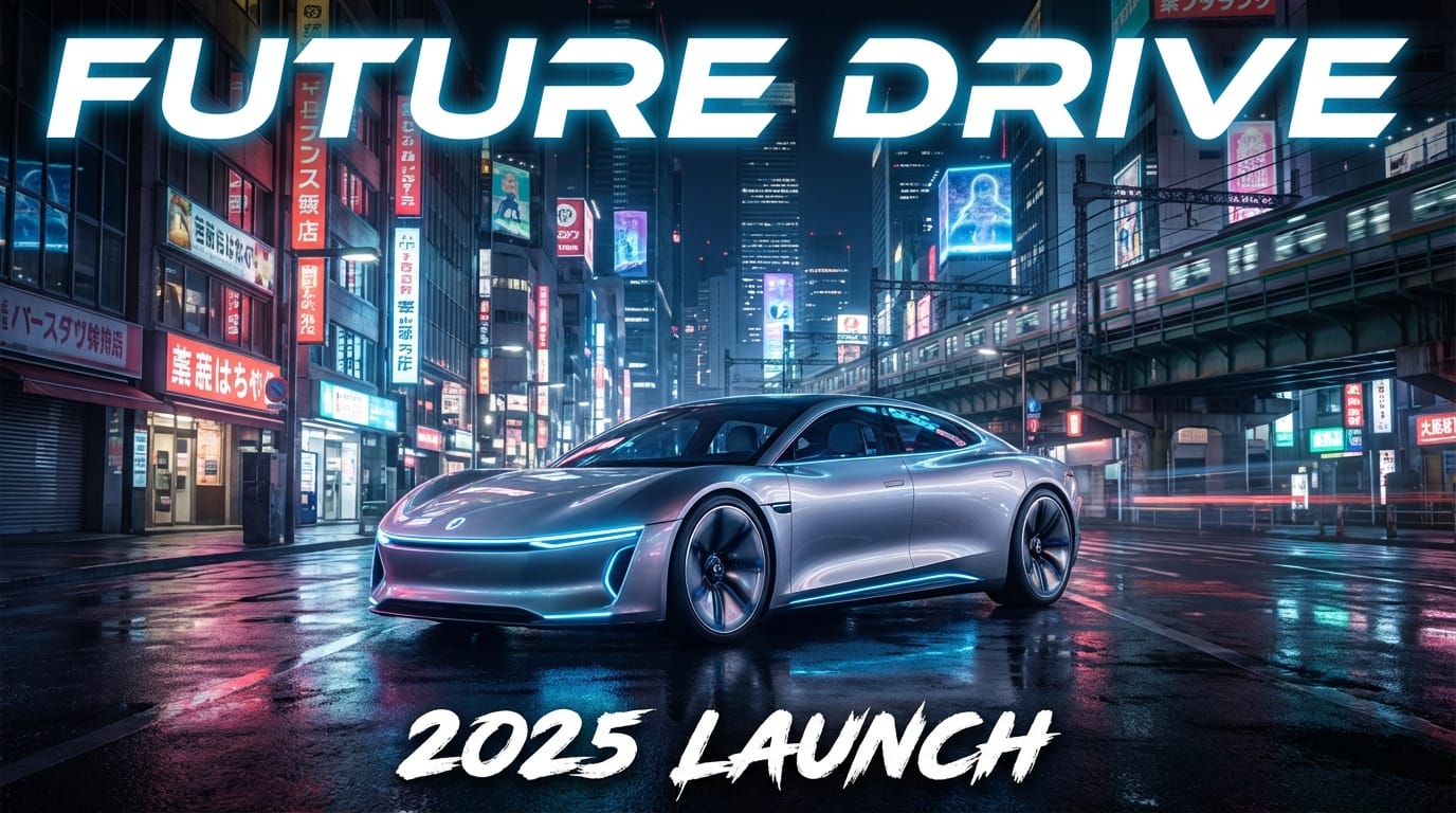 Futuristic electric car advertising poster. Background is a neon-lit cyberpunk Tokyo cityscape. The car body is streamlined silver. Large text 'FUTURE DRIVE' at the top. Text '2025 LAUNCH' at the bottom. Cinematic lighting, high resolution, advertising photography style.
