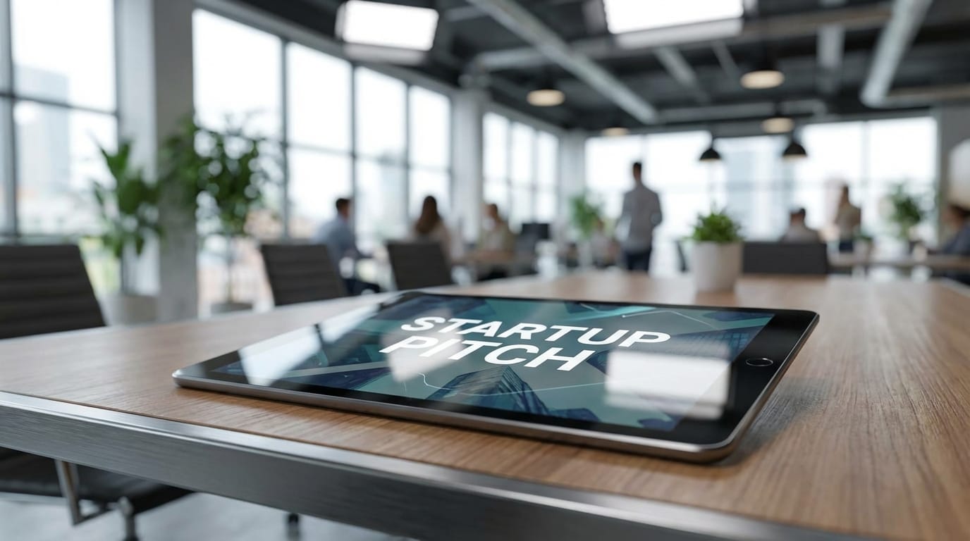 現代的な会議室のテーブルに置かれたタブレット端末のクローズアップ写真。画面には「STARTUP PITCH」という文字が明瞭に表示されている。背景はぼやけたオフィス環境。プロフェッショナルな照明、4K、写実的。