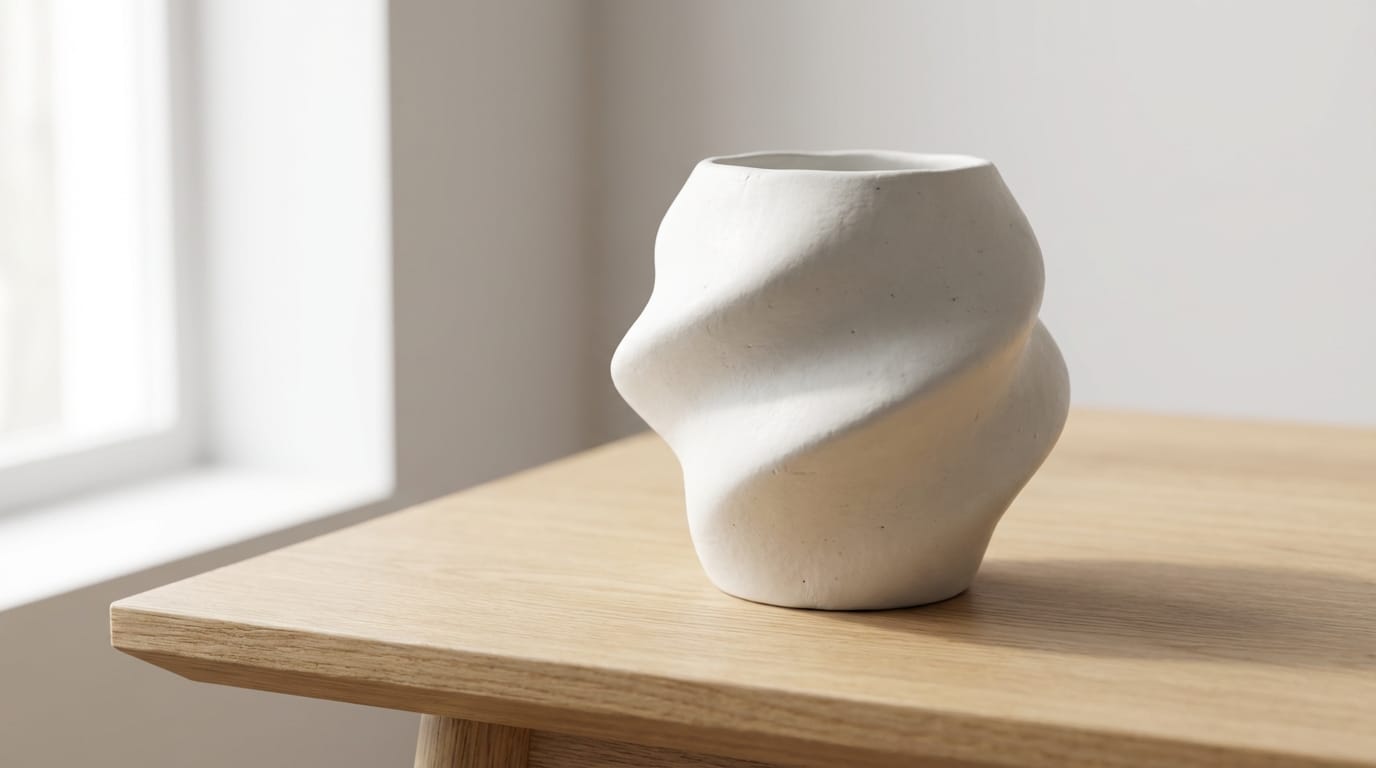 （参照画像をアップロード後）この形状を維持しつつ、マットな白いセラミック素材にする。背景は北欧風のミニマルな木製テーブル。自然光、ソフトな影。