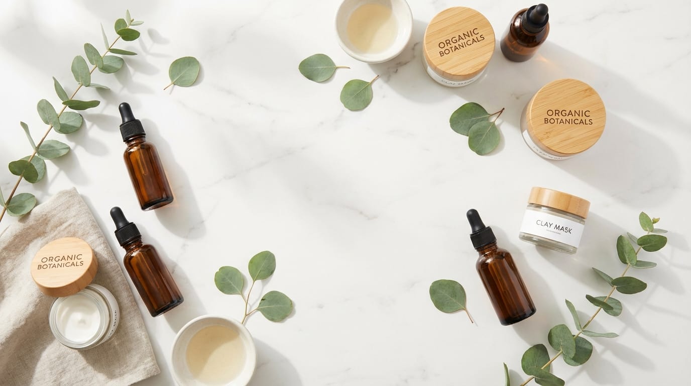 flat lay photography of organic skincare products on a marble table, eucalyptus leaves, soft sunlight shadows, minimalist aesthetic, high key lighting