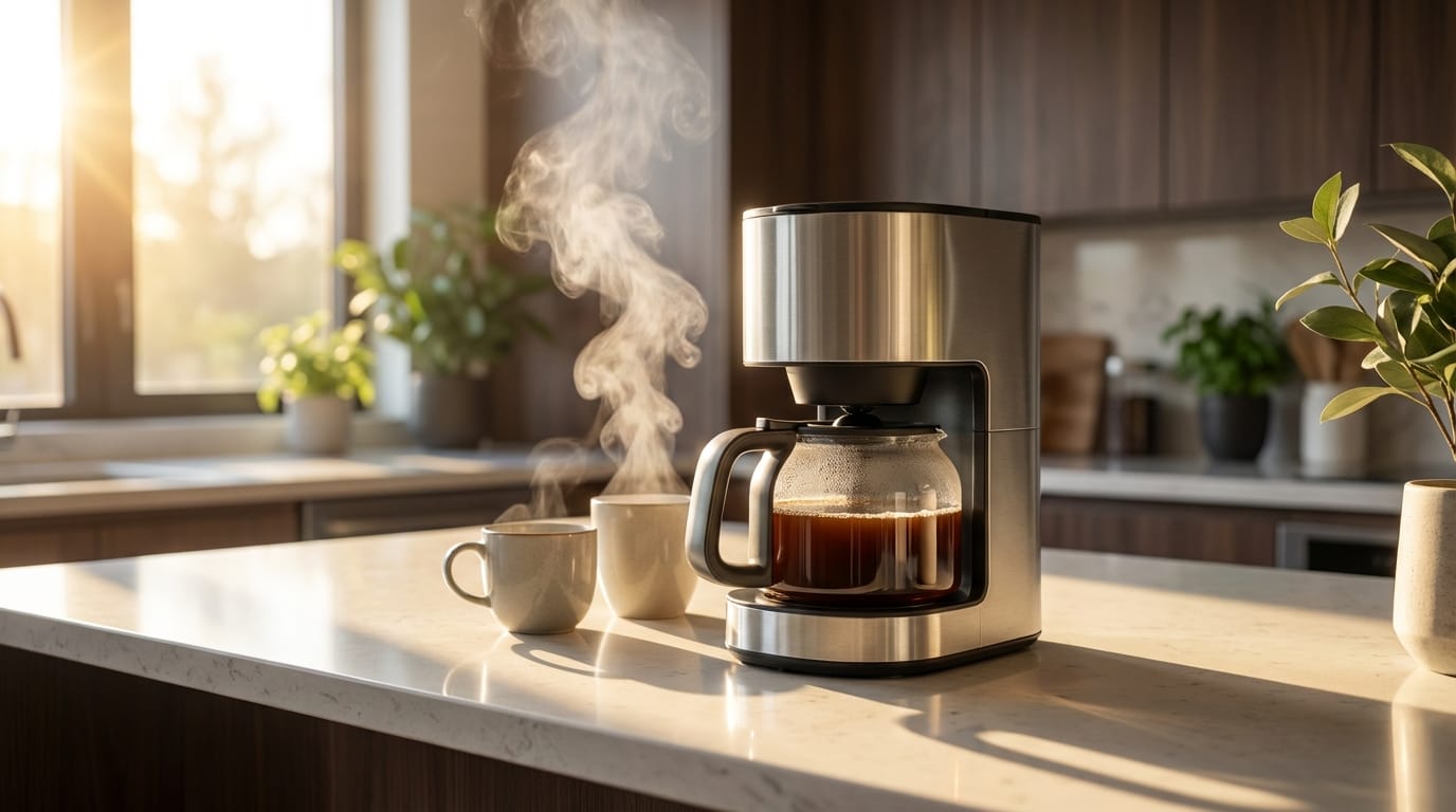product photography of a sleek silver coffee maker on a modern kitchen counter, morning light streaming through window, steam rising from coffee, 8k, ultra detailed