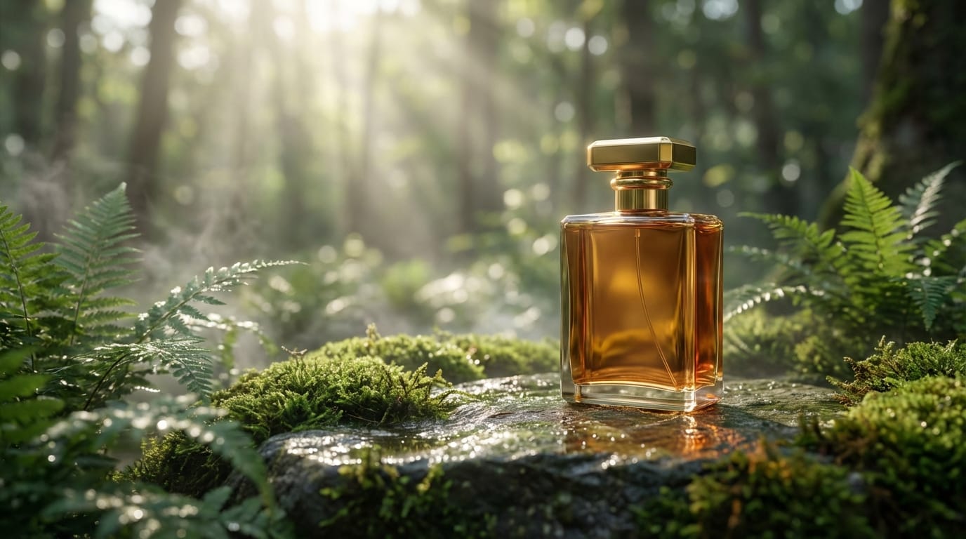 cinematic shot of a high-end perfume bottle on a wet rock surface, surrounded by moss and ferns, soft morning sunlight, 8k resolution, photorealistic, depth of field