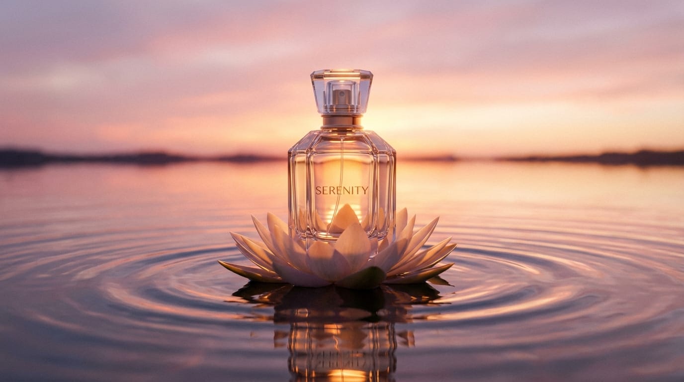 透明なガラスの香水瓶が、水面に浮かぶ蓮の花の上に置かれている。背景は夕暮れの柔らかなピンクと紫のグラデーション。水面には波紋が広がっている。映画のようなライティング、超高解像度、8k、フォトリアル。瓶には「SERENITY」という文字が刻印されている。