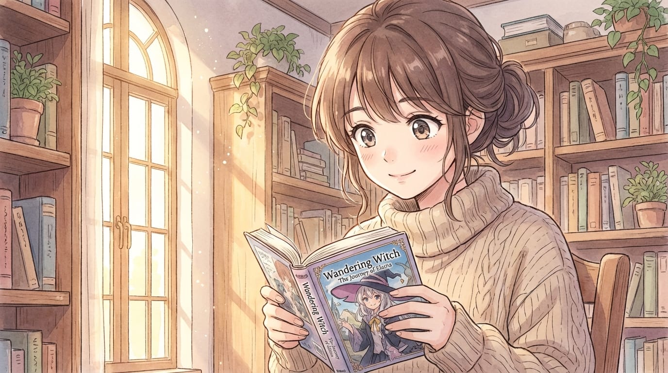 anime style, a close up of a cute girl reading a manga book in a library, soft sunlight coming through window, dust particles, high quality, 2d animation style