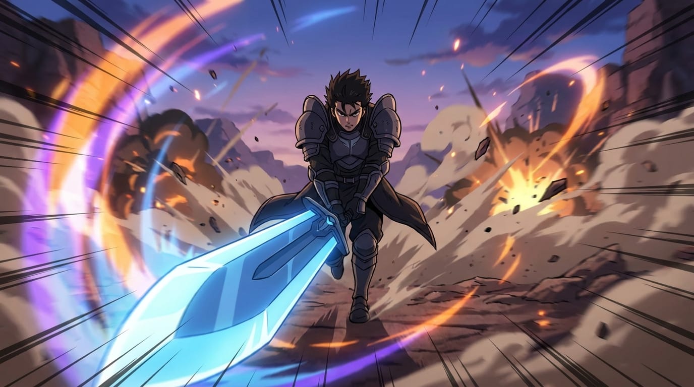 anime battle scene, warrior with sword rushing towards camera, dynamic camera angle, speed lines, effects, intense movement, high quality, powerful composition