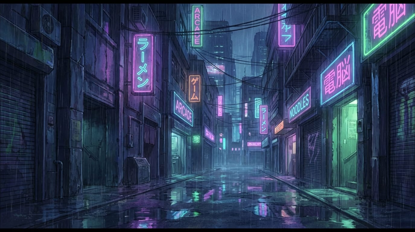 anime background art, cyberpunk cityscape, neon signs blinking, raining, night city, empty alley, high quality, detailed texture, loop video