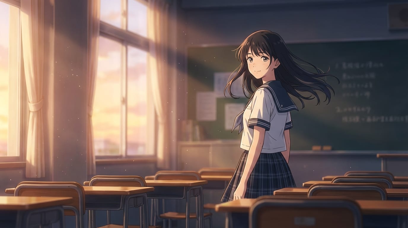 Japanese anime style, after school classroom, sunset light streaming through window, a girl with long black hair in school uniform turns back and smiles gently, hair swaying in breeze, high quality, cinematic depth of field, cel shading