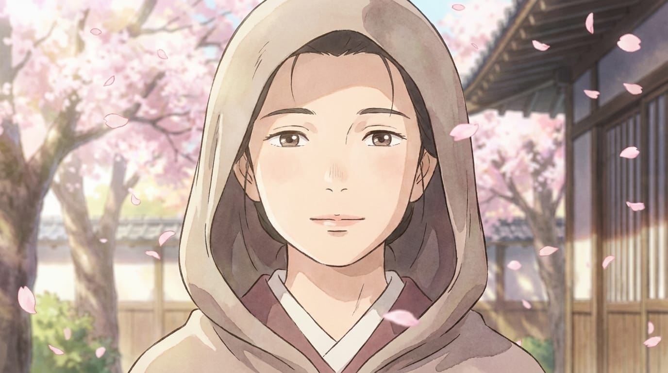 character blinking slowly, mouth moving slightly as if speaking, cherry blossom petals falling in background, gentle movement, high quality animation, loopable motion