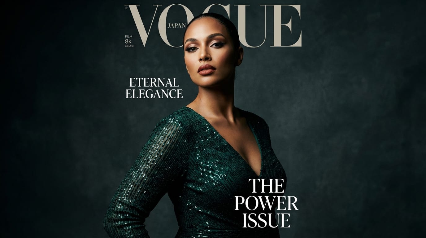 プロフェッショナルなスタジオ撮影、エレガントなイブニングドレスを着た女性モデル、ドラマチックな照明、サイドライト、暗い背景、詳細なメイクアップ、自信に満ちた表情、ファッション誌の表紙風、超高画質