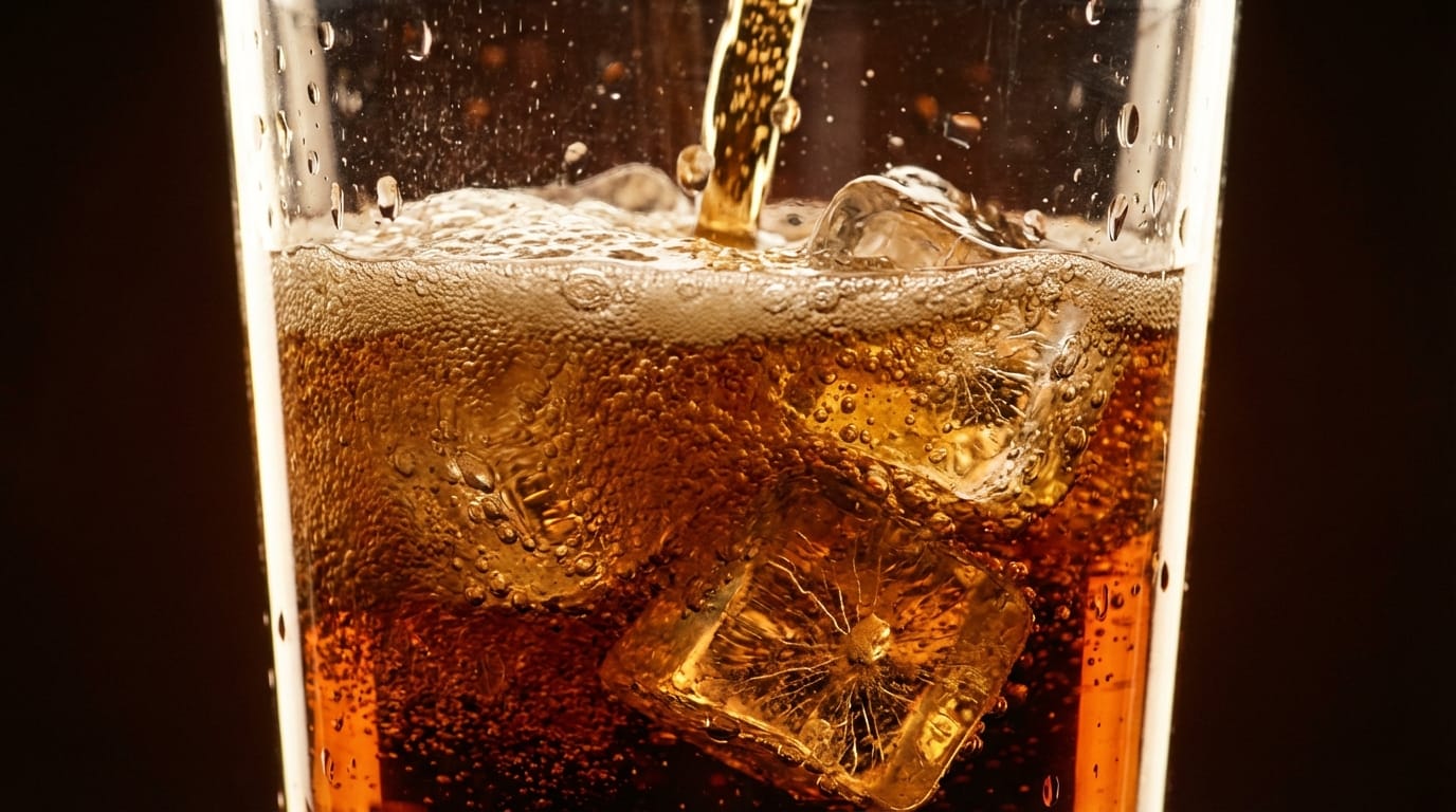 炭酸飲料のクローズアップ、グラスに注がれる琥珀色の液体、弾ける泡、氷が回転する、映画のようなライティング、スローモーション、高解像度、4k