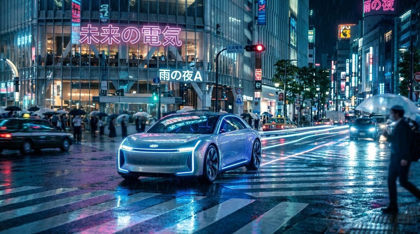 Cinematic shot of a futuristic electric car driving through a rainy Tokyo street at night, neon lights reflecting on the wet pavement, 4k resolution, high detail