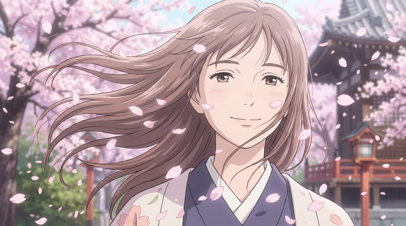 女性キャラクターが優しく微笑み、風が彼女の髪をなびかせる、背景の桜の花びらが舞い散る、繊細な動き、アニメーションスタイル