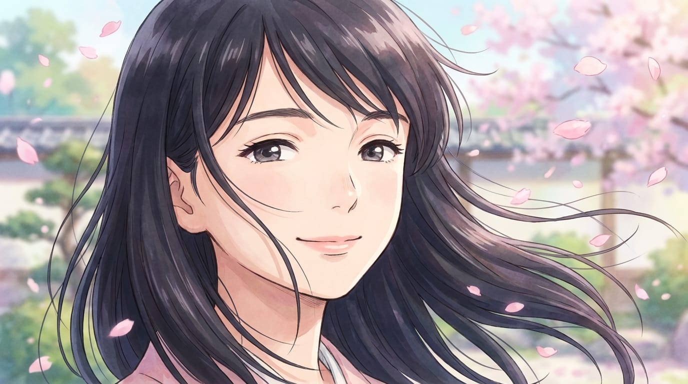 A close-up of a young woman smiling gently, wind blowing her hair, cherry blossom petals falling in the background, anime style, high quality