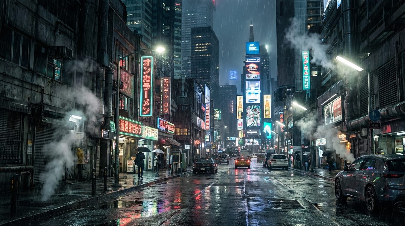 Cinematic shot of a cyberpunk street at night, raining, neon signs reflecting on wet pavement, towering futuristic skyscrapers, steam rising from vents, detailed textures, high contrast lighting, photorealistic style