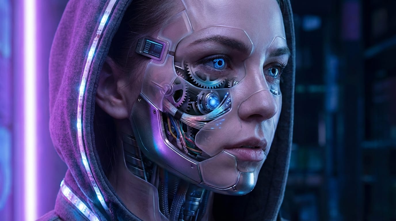 Close-up portrait of a female cyborg with transparent mechanical parts, glowing blue eyes, intricate wiring visible under skin, soft neon lighting from the side, cyberpunk style, highly detailed, 8k resolution