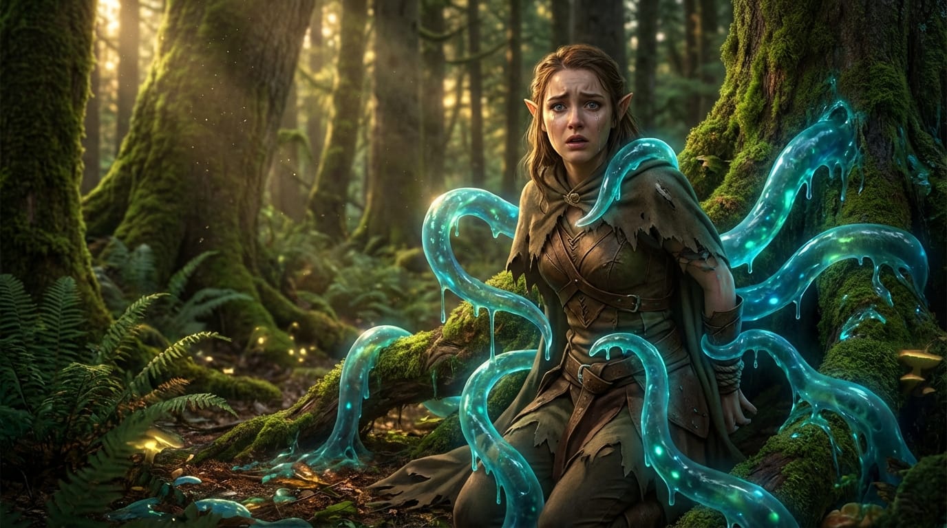 (masterpiece), high fantasy, 1girl, elf, captured by magical glowing tentacles, slime texture, translucent liquid, forest background, fearful expression, torn clothes, intricate details, cinematic lighting, ray tracing, depth of field