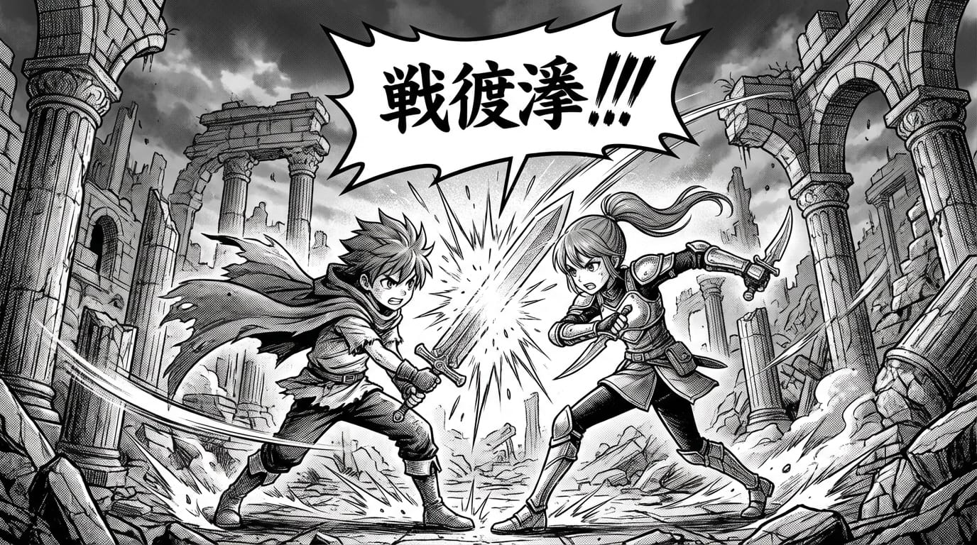 (manga style:1.3), monochrome, greyscale, screentone, 1boy and 1girl, battle scene, dynamic pose, sword fighting, sparks, impact lines, motion blur, highly detailed background, ruins, dramatic angle, intense expression, speech bubble