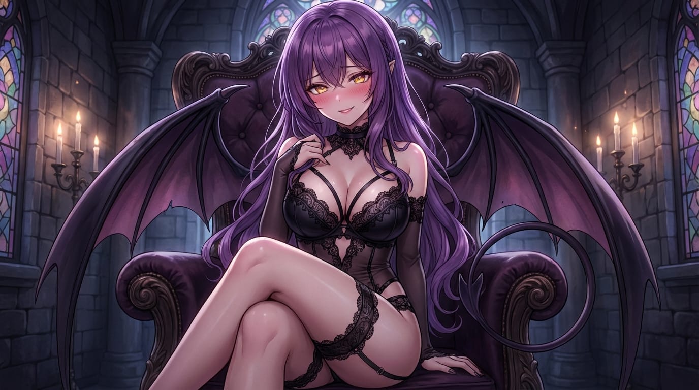 (best quality, masterpiece:1.2), anime style, 1girl, solo, succubus, purple hair, long hair, golden eyes, black gothic lingerie, bat wings, tail, sitting on a velvet throne, dimly lit room, seductive expression, blushing, detailed skin texture, soft lighting, 8k resolution