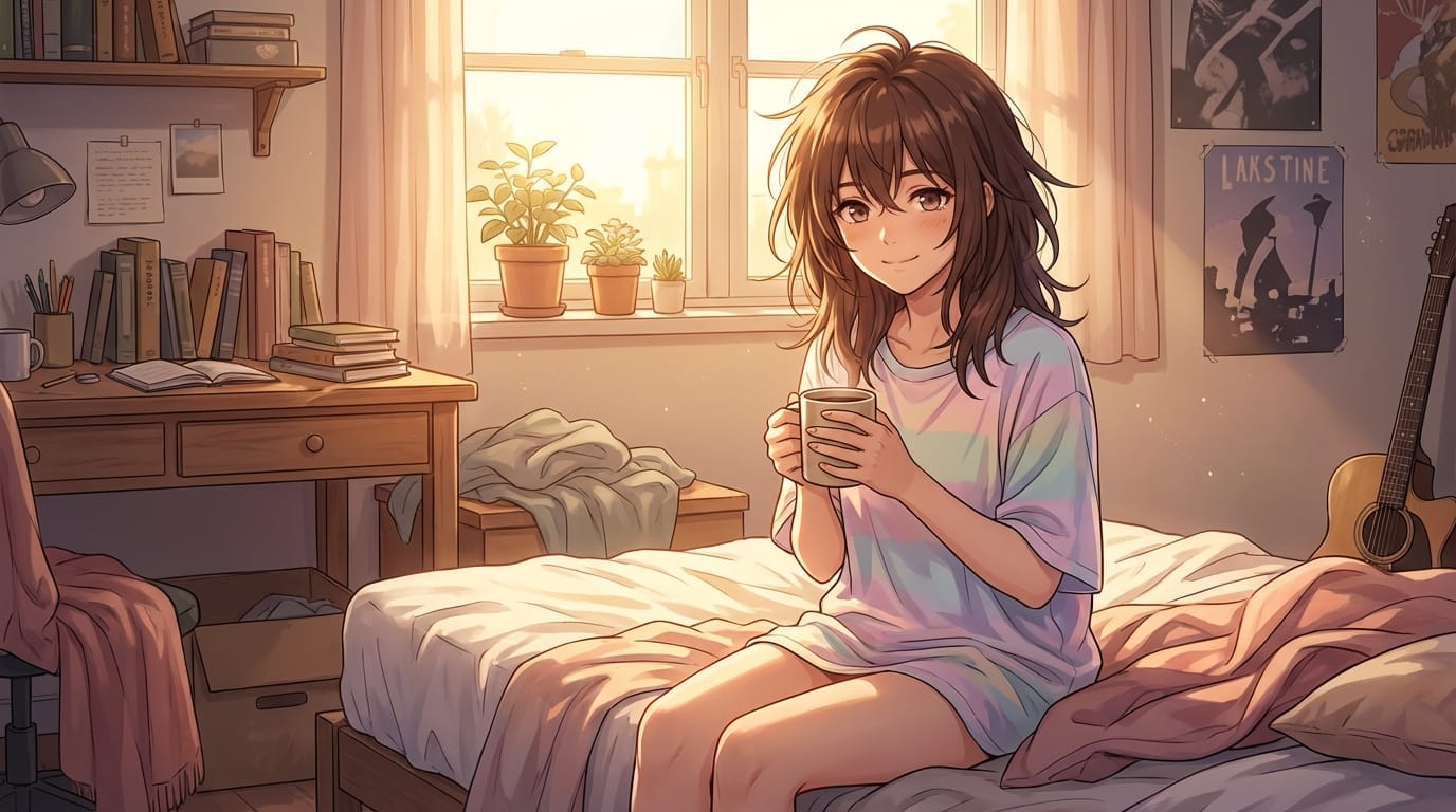 visual novel event CG, anime style, 1girl, bedroom, morning light, messy hair, oversized shirt, holding a coffee mug, looking at viewer, intimate atmosphere, detailed background