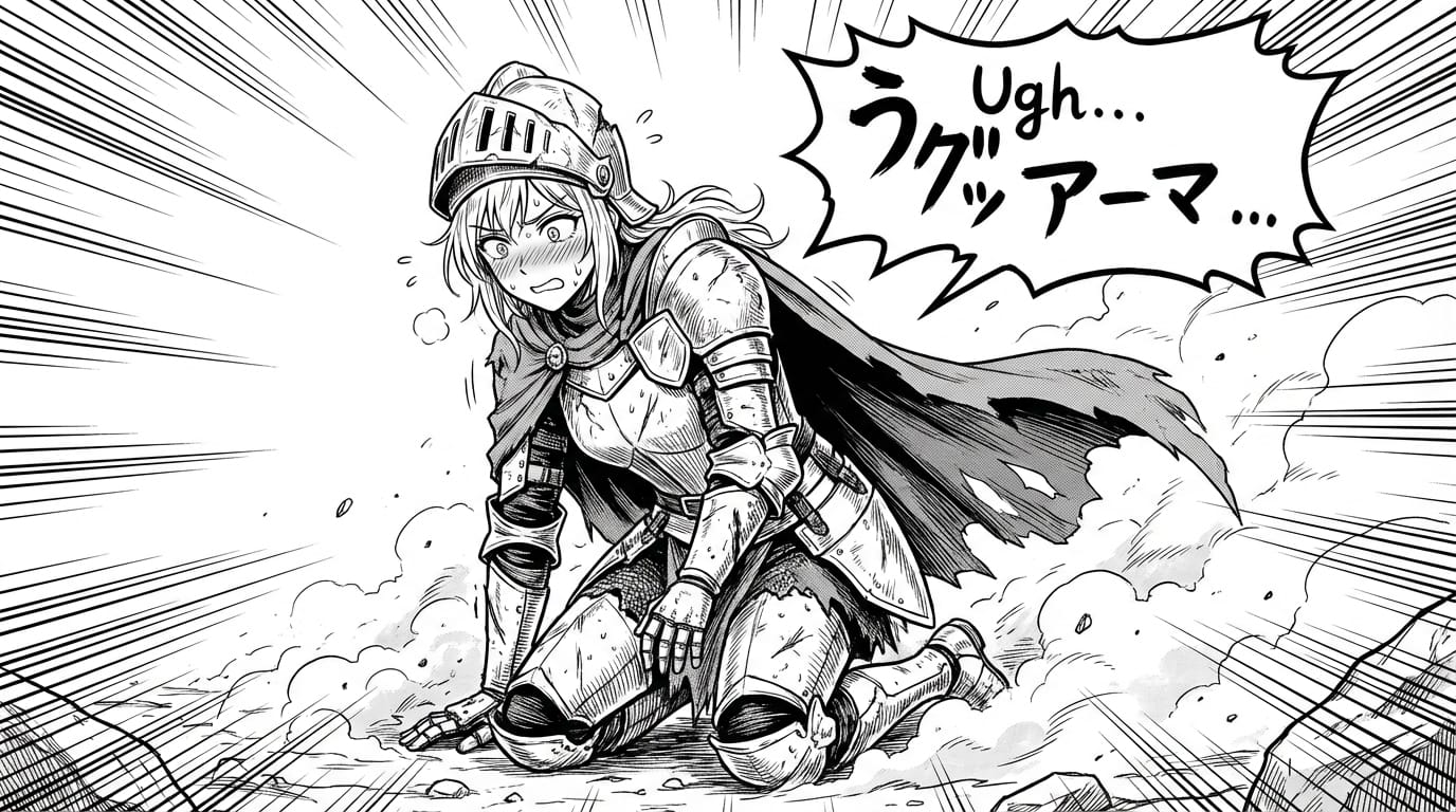 manga style, monochrome, detailed ink drawing, a female knight with broken armor looking embarrassed, dynamic angle, speed lines, speech bubble, high contrast