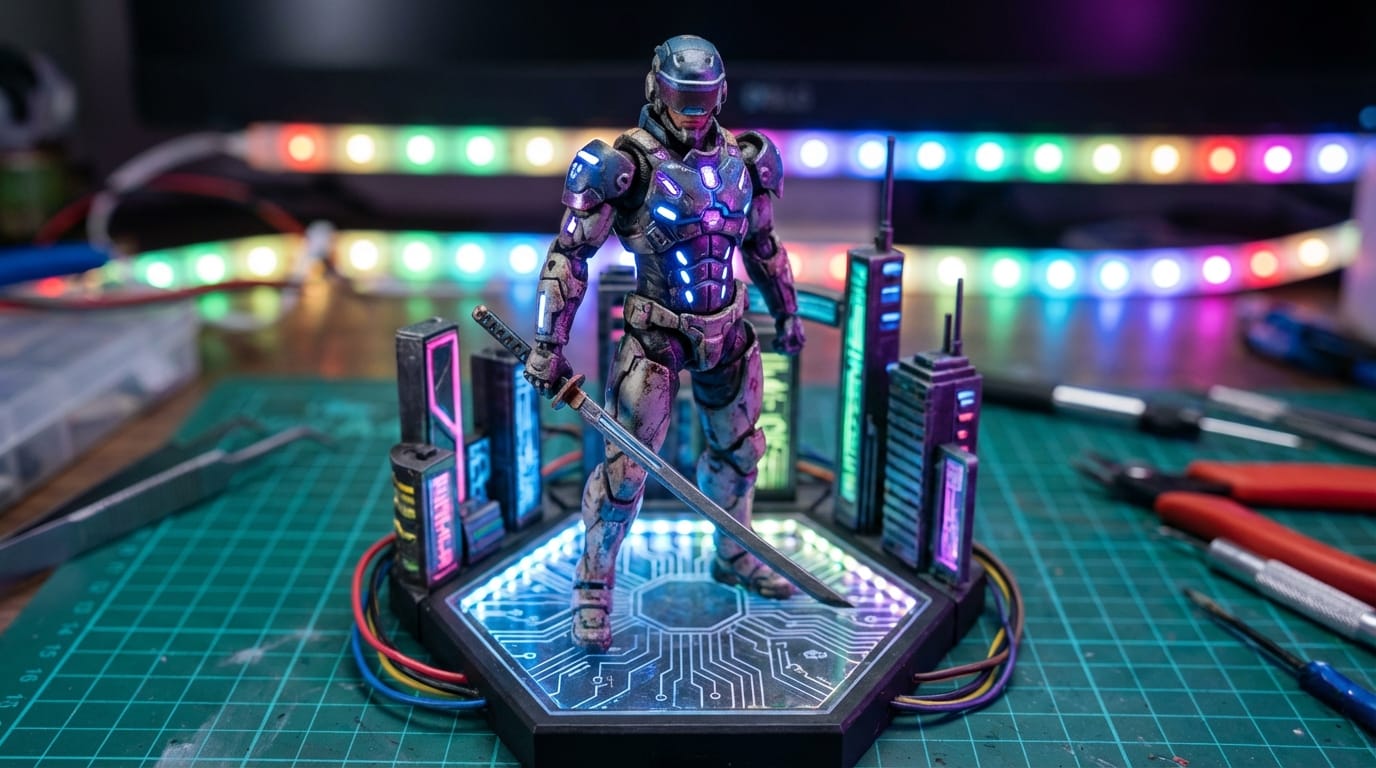 A cyberpunk warrior figure standing on a display base, neon lighting, highly detailed armor painting, macro lens photography, slow camera pan, realistic toy photography