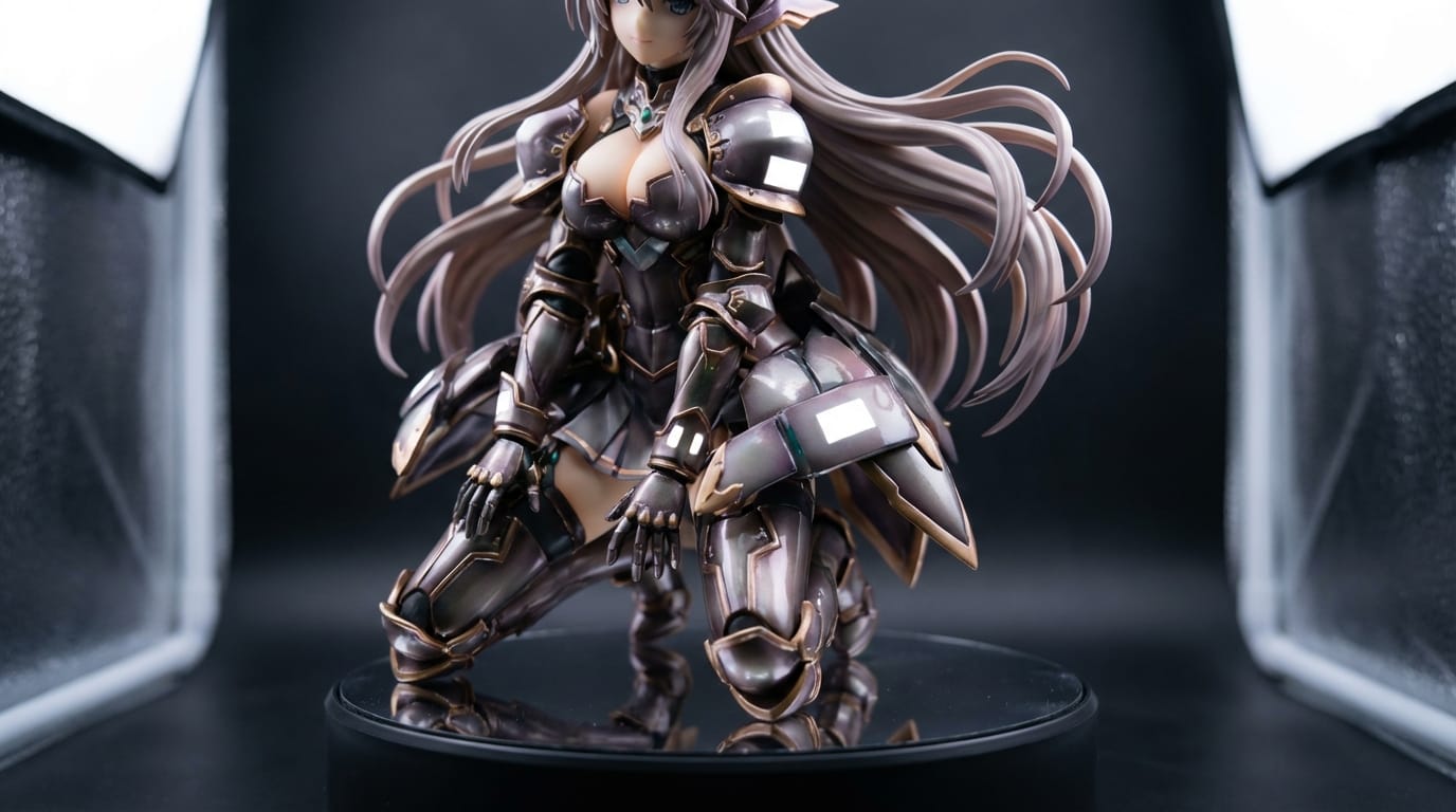 Cinematic close-up shot of a high-end anime figure, PVC texture, glossy finish, intricate details, studio lighting, softbox reflection, turntable camera movement, 4k resolution