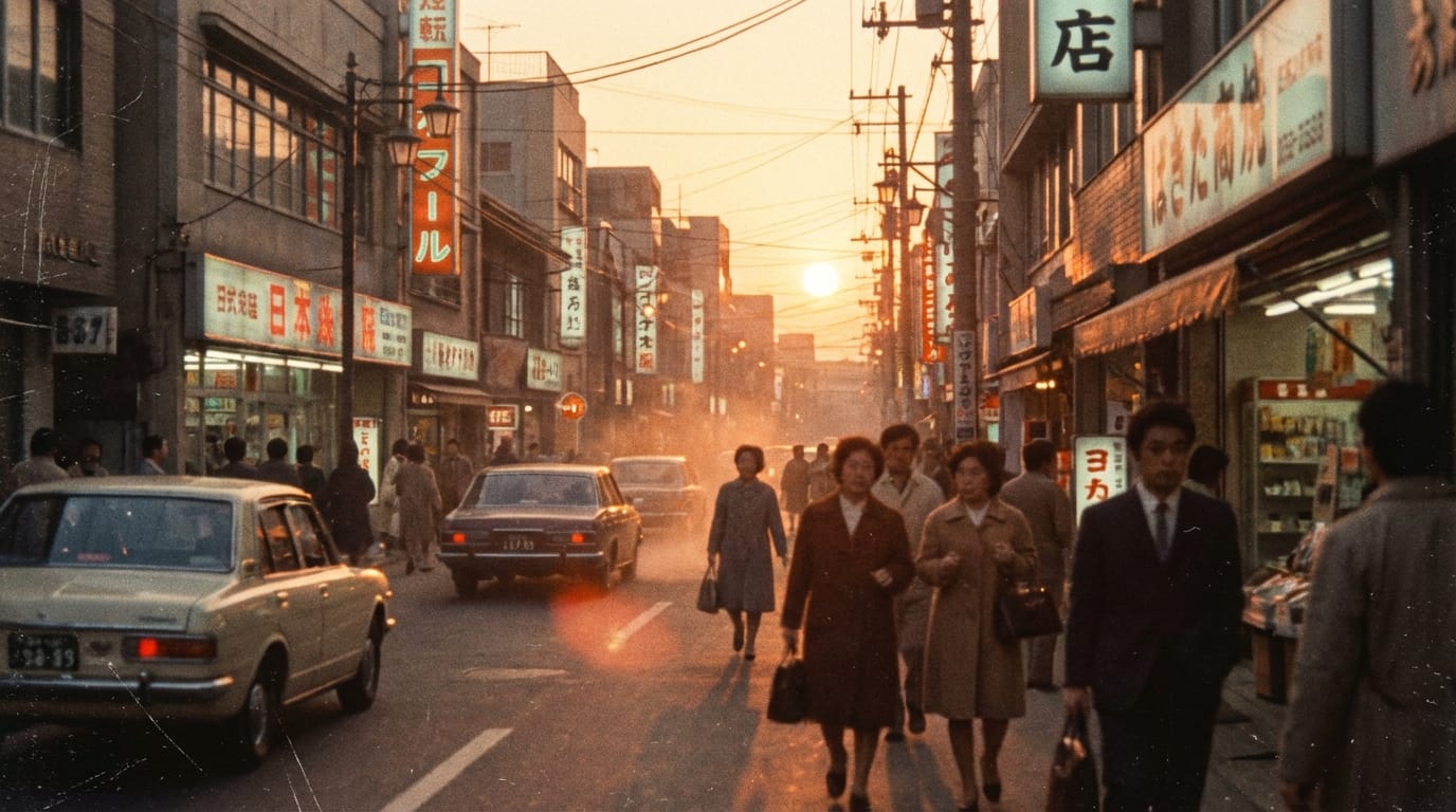A nostalgic 1980s Japanese street scene at sunset, shot on 8mm film, warm lighting, soft focus, film grain texture, slow motion, sentimental atmosphere