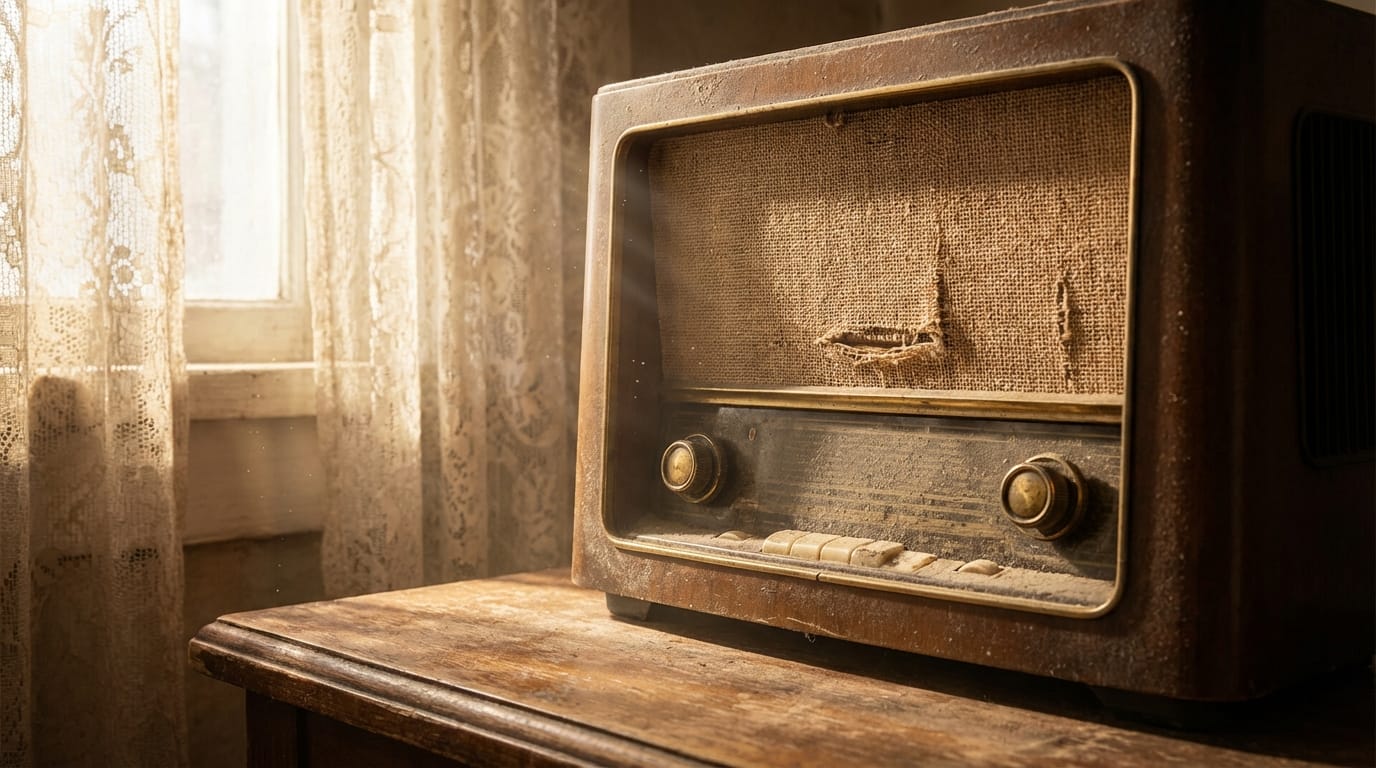 Close up of an old dusty radio on a wooden table, sunlight streaming through a window with lace curtains, floating dust particles, cinematic lighting, photorealistic, 4k