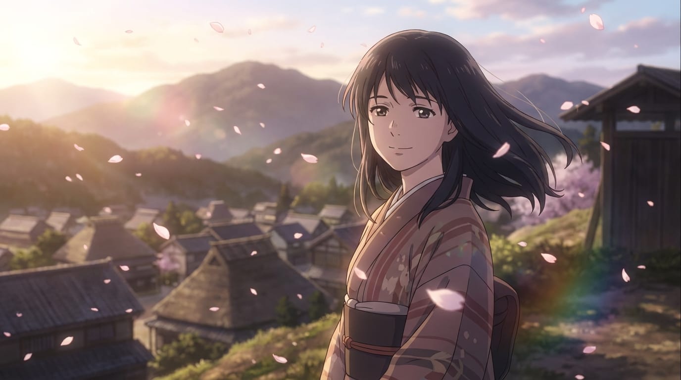 Anime style, detailed depiction. A character smiling gently, hair swaying softly in the wind. Cherry blossom petals falling in the background. High quality, 4K, cinematic lighting, slow motion.