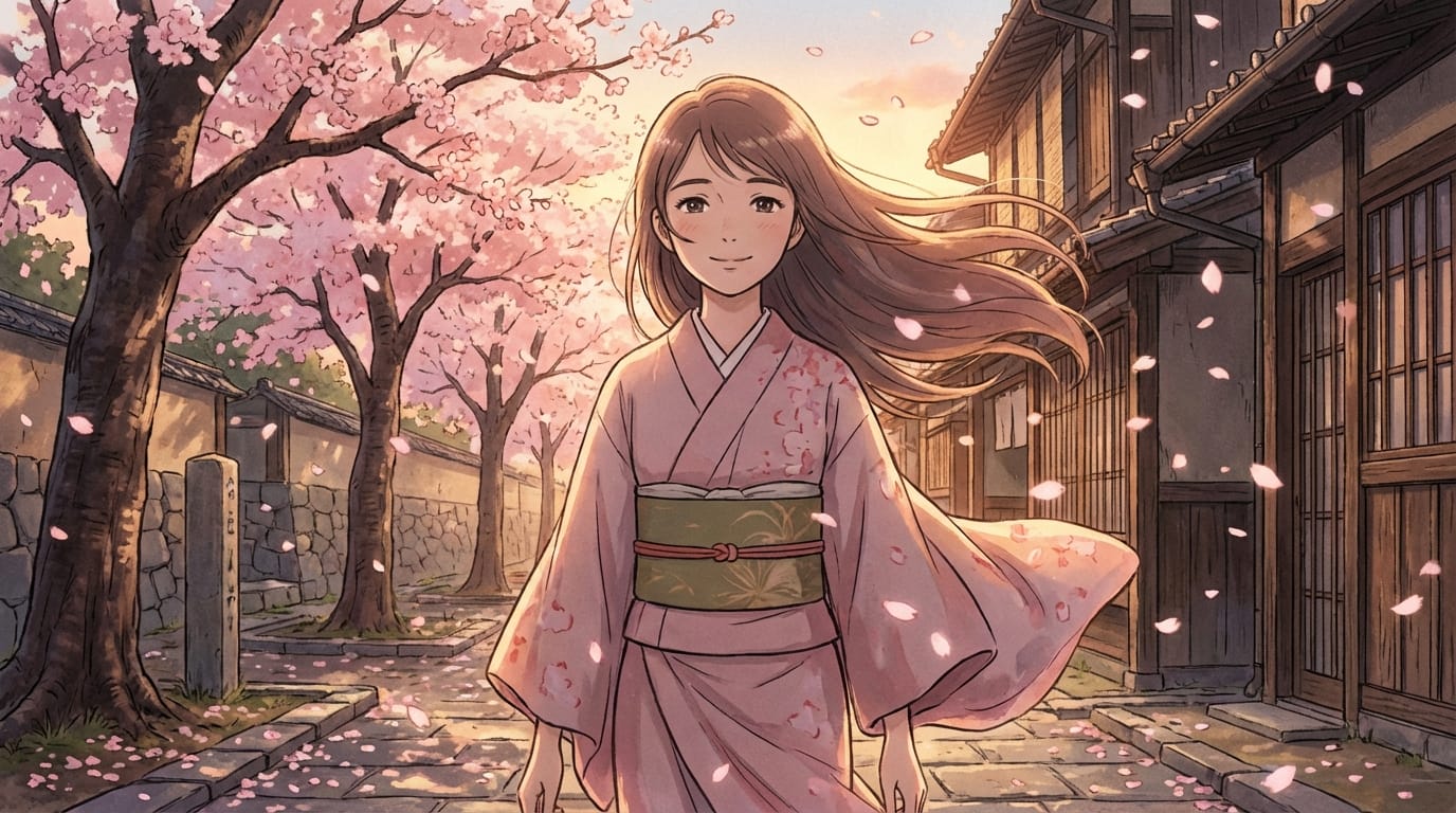 アニメーションスタイル、詳細な描写。キャラクターが穏やかに微笑み、風で髪が優しくなびいている。背景には桜の花びらが舞い落ちる。高品質、4K、映画のような照明、スローモーション。