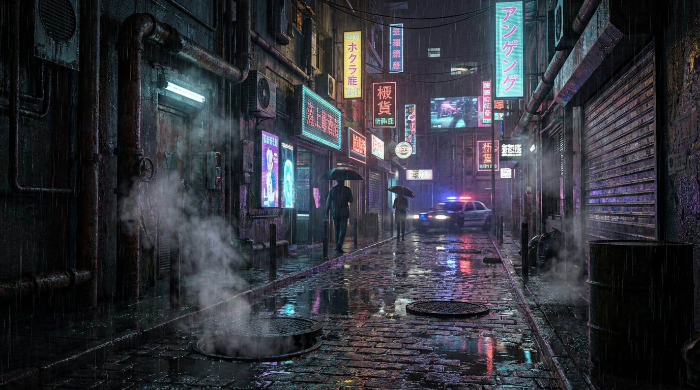 Cyberpunk back alley, neon signs reflecting on wet ground. Steam rising from pipes, distant siren sounds. Dim, mysterious atmosphere. Realistic texture, 9:16 vertical video.
