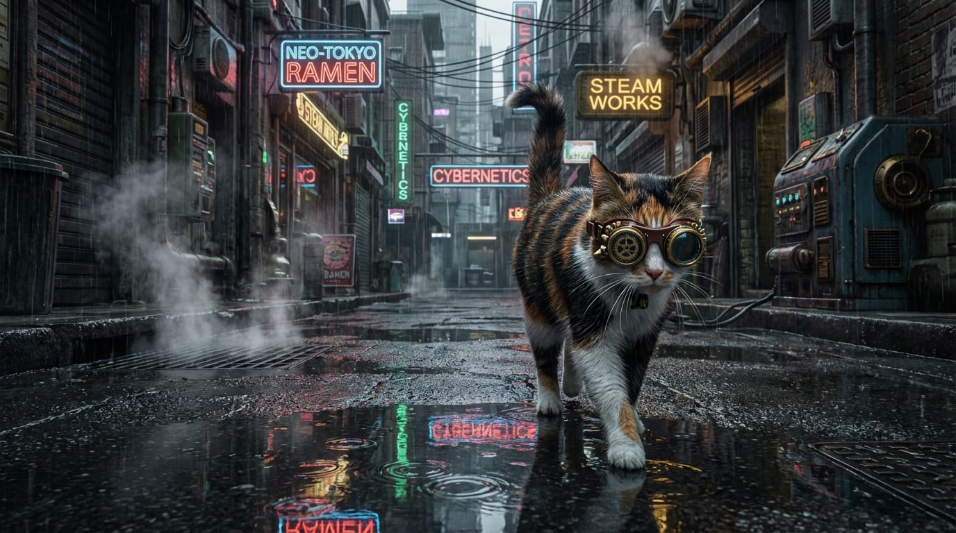 サイバーパンクな都市の路地裏、雨に濡れたアスファルト、ネオンサインの反射、スチームパンクなゴーグルをかけた猫が歩いている、映画のような被写界深度、8k解像度