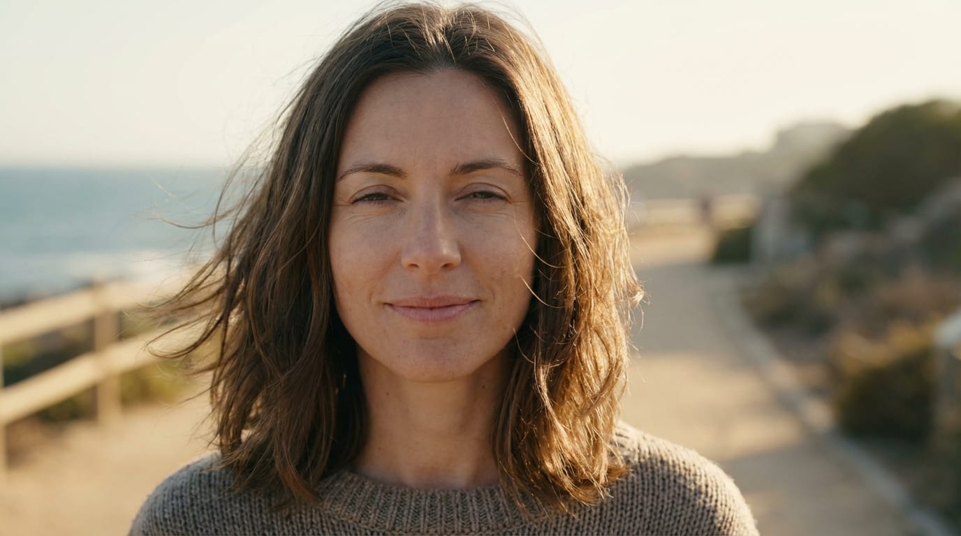 わずかに微笑みながらこちらを見つめる、髪が優しく風になびく、瞬きをする、高品質、スムーズな動き