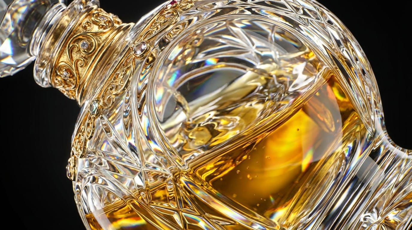 高級な香水瓶、金色の液体がスローモーションで揺れる、スタジオライティング、クリスタルの輝き、マクロ撮影