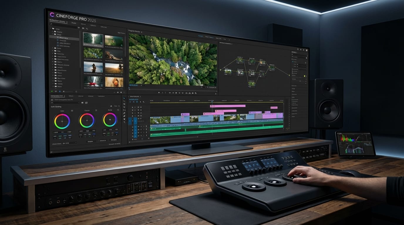 A professional video editing workspace interface concept, sleek design