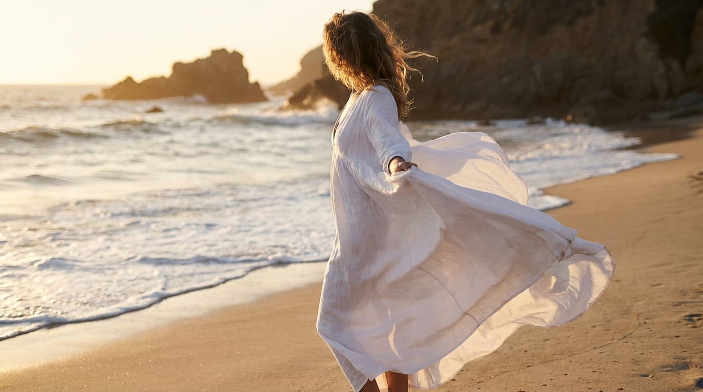 Sunset beach, woman in white dress blowing in the wind, cinematic lighting, detailed cloth physics, 4k, high resolution