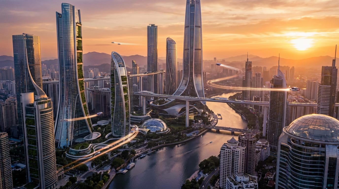 Cinematic drone shot of a futuristic city at sunset, highly detailed, 4k resolution