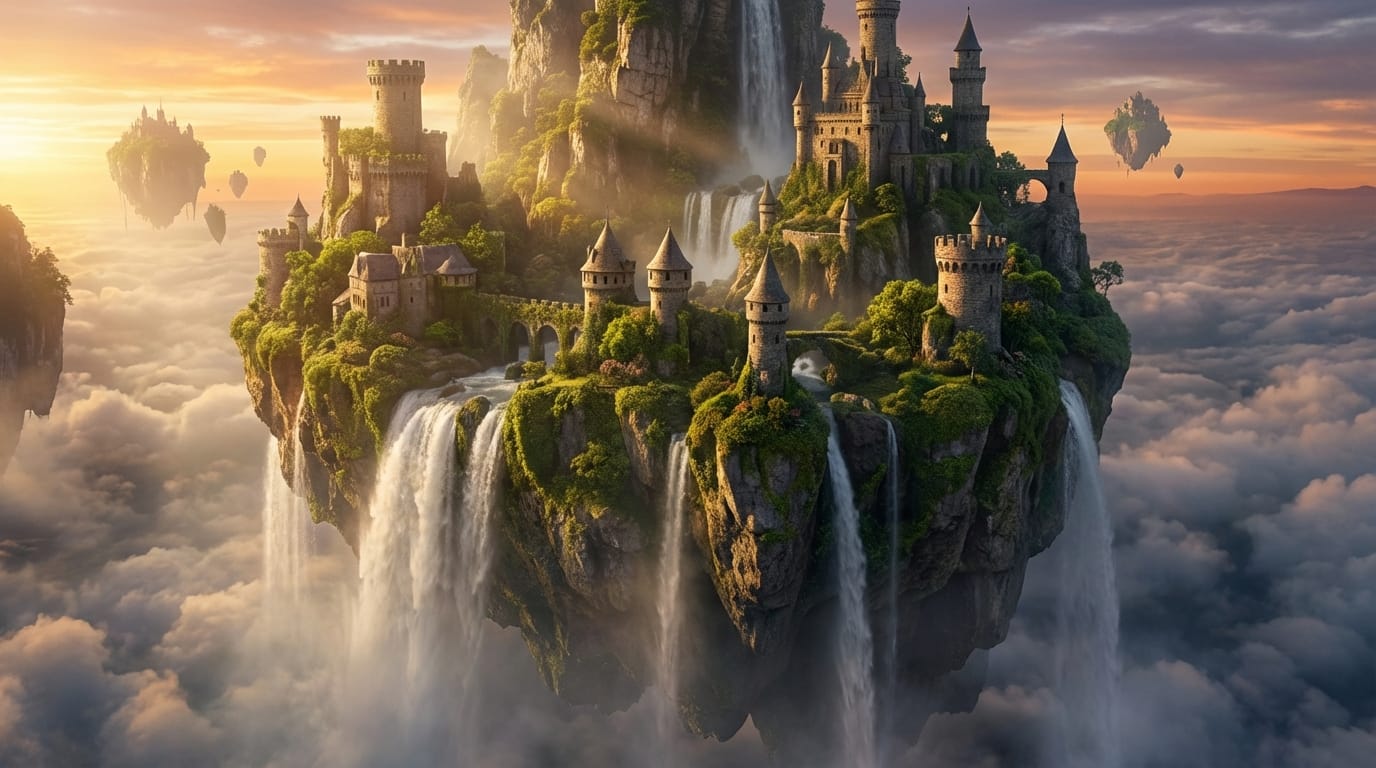 Cinematic wide shot of a floating fantasy island with waterfalls cascading into clouds, medieval castle on top, golden hour lighting, 4k resolution, hyperrealistic style