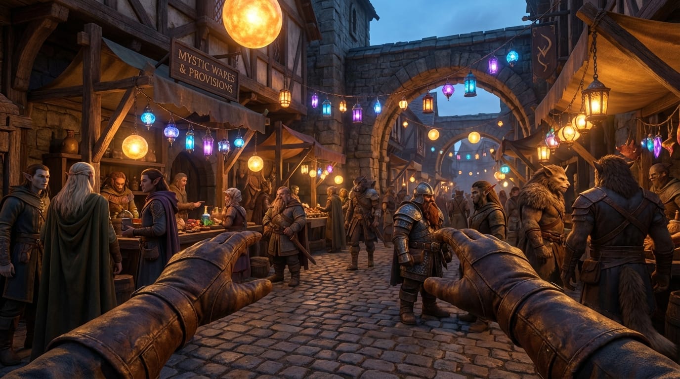 First person view of an adventurer walking into a bustling medieval fantasy market, magical lanterns glowing, diverse fantasy creatures walking around, high quality, cinematic lighting